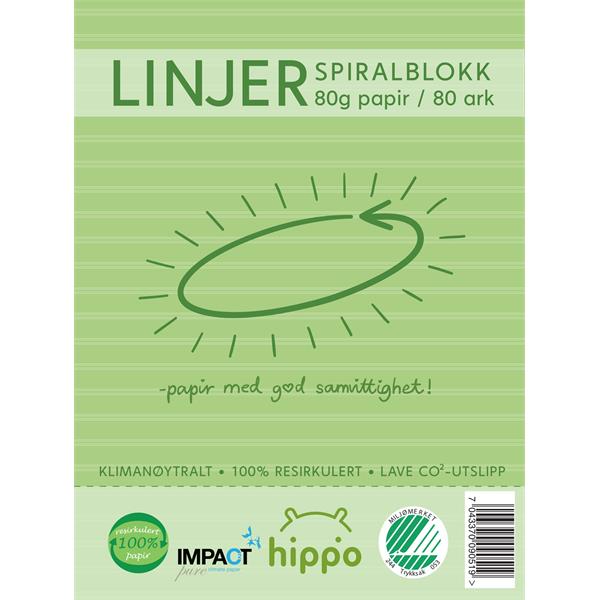 9051 Hippo  Spiralblokk, A4, Natur, Linjer 80ark 80g Miljømerket, Hippo, Resirkulert papir